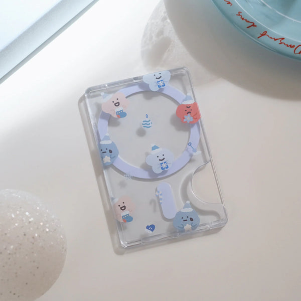 Clear case with cartoon character design on a light surface