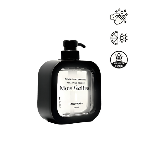 A pump bottle of Vase Creation MoisTeaRise hand wash with Osmanthus Oolong tea scent, featuring a black label and transparent container, displayed against a white background with icons indicating the product's features such as being gentle, cleaning, and sulfate-free.