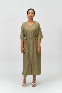 THE WES STUDIO Classic Button Up Shirt Dress: Olive Green