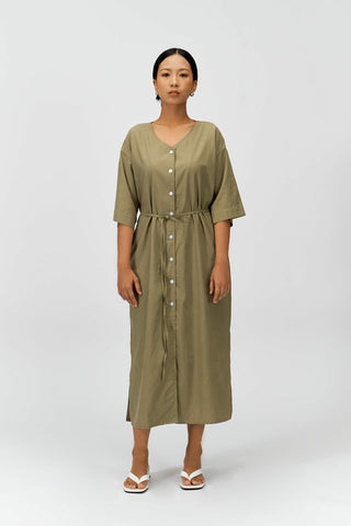 THE WES STUDIO Classic Button Up Shirt Dress: Olive Green