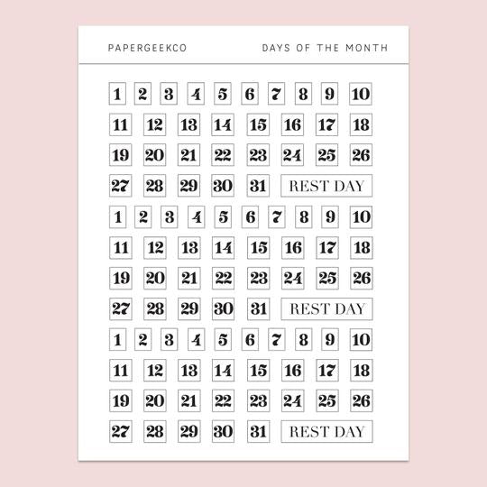 PAPERGEEK 93 Days of the Month Stickers - Clear Planner Stickers
