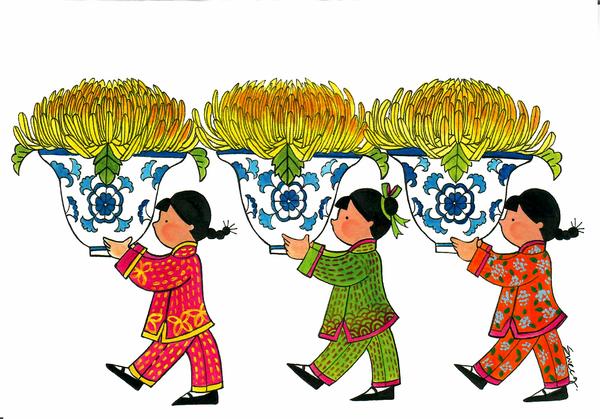 PAGODA KINGDOM Postcard: March of the Tea Cups Chrysanthemum - Longevity